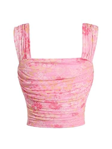 Milumia Girl's Ruched Floral Print Tank Top Square Neck Sleeveless Cropped Tops - Image 1