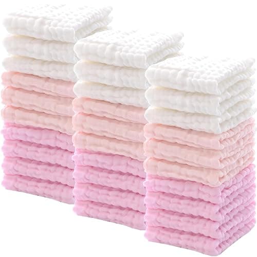 Chumia 30 Pcs Baby Muslin Burp Cloths, Light Pink, White, Pink | Natural Cotton Washcloths for Newborn Face Bath, Soft Absorbent Wipes for Feeding, Reusable Baby Towels Bulk 12x12 Inch - Image 1