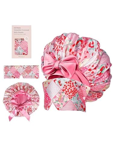 Vettres Double Layer Satin Hair Bonnet with Eye Mask Silk Sleep Cap with Tie Head Wrap for Curly Natural Hair Pink Strawberry thumbnail 2