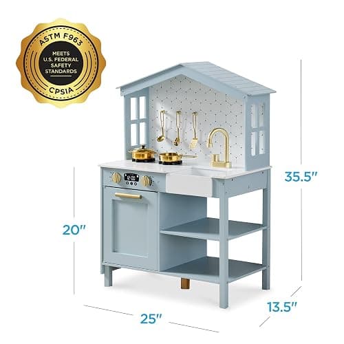 Best Choice Products Pretend Play Wooden Farmhouse Kitchen Set for Kids w/Toy Storage, Clicking Knobs, Windows, 5 Accessories Included - Ocean thumbnail 2