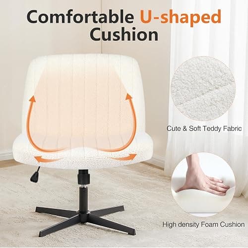 Sweetcrispy Criss Cross Chair Legged, Furry Armless Office Swivel Desk Chairs No Wheels, Vanity Height Adjustable Wide Seat Comfy Cute Computer Task Chair for Home Bedroom, Teddy Beige thumbnail 4