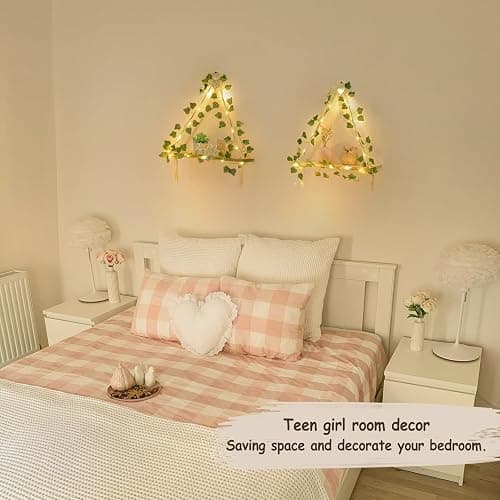 Mkono Artificial Ivy Macrame Hanging Shelves with Lights Set of 2 Boho Wall Decor Display Plants Photos Wood Floating Storage Shelf for Bedroom Bathroom Living Room Nursery Dorm Kitchen, White - Ivory thumbnail 3