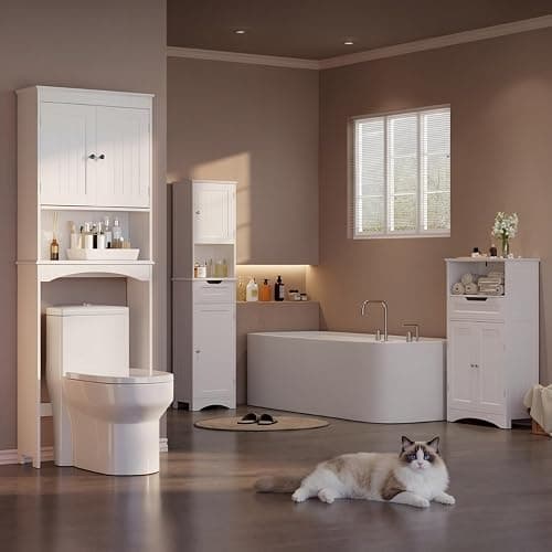 Gizoon Over the Toilet Storage Cabinet with Adjustable Shelf, White | Bathroom Space Saver Organizer Above Toilet with Open Shelf and Double Doors, Taller Wooden Free Standing Toilet Rack thumbnail 8