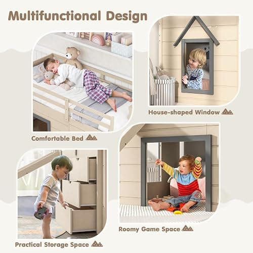 KOMFOTT Twin Low Loft Bed with 3 Storage Drawers & Underneath House, Wood Loft Bed with Slide, Ladder, Guardrails & Under-Bed Play Space, Kids Twin Loft Bed for Girls & Boys, No Box Spring Needed thumbnail 8