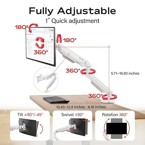 FULKUN Single Monitor Mount Stand - Full Motion Articulating Arm with Gas Spring,17-32 inch Computer Screen Mount, VESA 75x75/100x100, Clamp/Grommet Base, Adjustable Stand & Tilt & Swivel (White) thumbnail 3