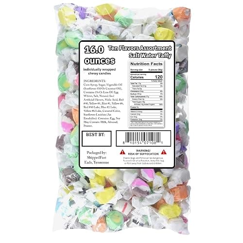 Ten Flavors Assortment, Salt Water Taffy 1 Pound Bag. Classic Boardwalk Style Taffy. (Net Wt. 16oz) - Image 1