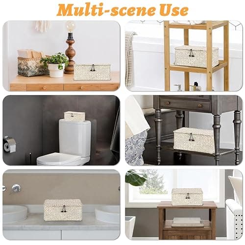 Sumnacon Wicker Basket with Lid,Tampon Holder for Bathroom,Whitewash,XS | Natural Seagrass Female Product Organizer for Toiletries Pad Tampon Storage,Farmhouse Woven Baskets for Shelf, Toilet Tank thumbnail 7