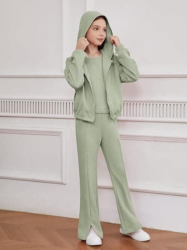 Floerns Girls Long Sleeve Hoodie Tank Split Flare Pants Set Three Piece Outfit thumbnail 6