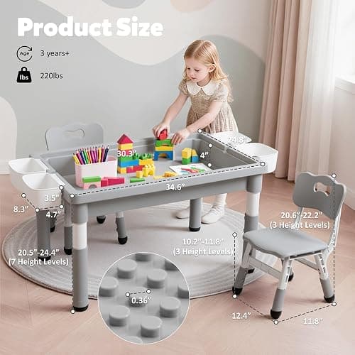 TODEFULL Kids Table and Chairs Set Large Storage, Height Adjustable | Toddler Activity Table and 2 Chairs Set, 34.6x24.8" Graffiti/Block Building Desktop, 4 Side Box, Kids desk for Home Preschool thumbnail 7