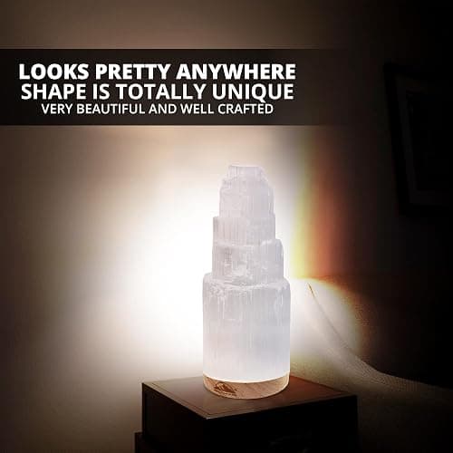 Himalayan Glow Selenite Crystal Lamp 20cm, Hand Curved Morocco |Skyscraper| Crystals and Healing Stones,(ETL Certified) with Wooden Base & USB Charging Cable For Healing Cleansing & Meditation thumbnail 3
