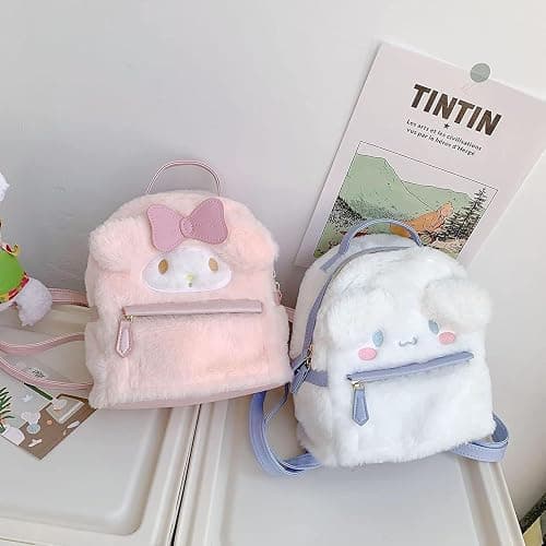 trettitre My Melody Small Cute School Bag，Pink Furry Fabric with Bow Design,My Melody Plush Mini Backpack,Adorable Bag Handbag for Girls Kids Fans Birthday Present School Supplies thumbnail 7