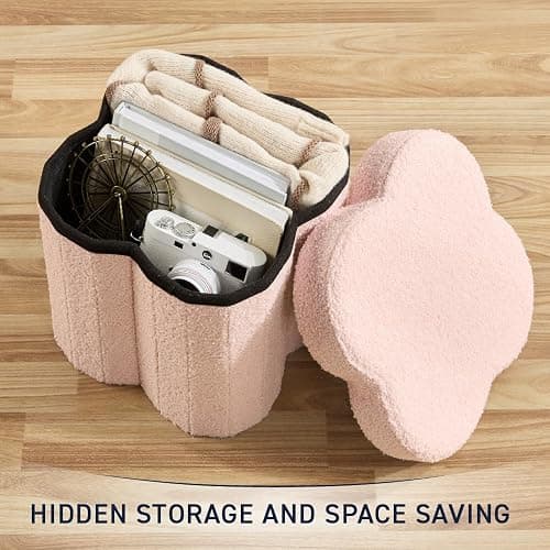Ornavo Home Pink Boucle Storage Ottoman Cube – Flower-Shaped Footstool with Hidden Storage, Faux Teddy Fur Foot Rest for Living Room, Bedroom & Dorm, 12" Inch thumbnail 3
