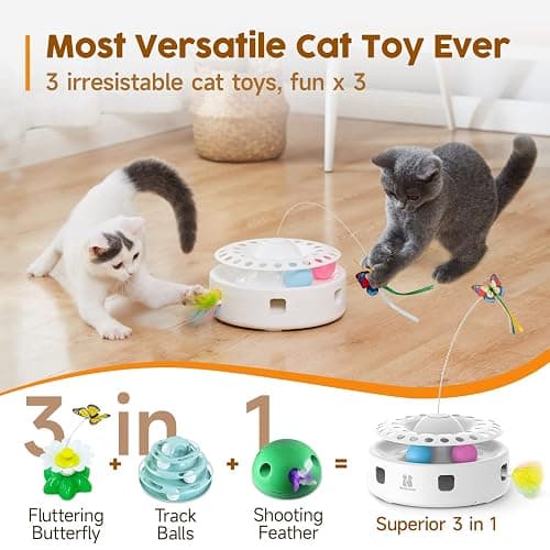 Potaroma Cat Toys 3in1 Automatic Interactive Kitten Toy, Fluttering Butterfly, Moving Feather, Track Balls, Dual Power Supplies, USB Powered, Indoor Exercise Kicker (Bright White) thumbnail 2