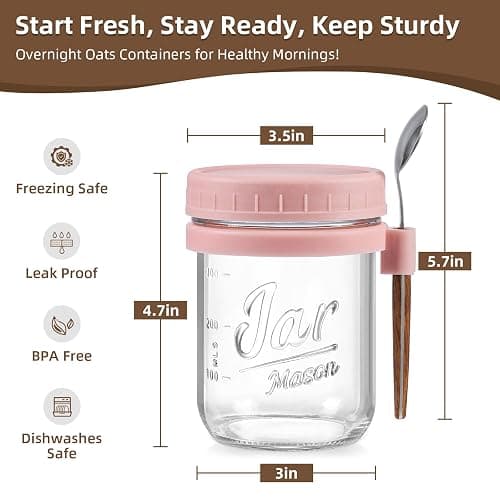 6 Pack Overnight Oats Containers with Lids and Spoons, 16 oz Glass Mason Overnight Oats Jars, Large Capacity Airtight Jars for Milk, Cereal, Fruit(Pink) thumbnail 3