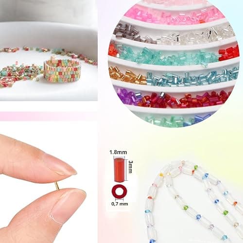 EuTengHao Kit de perles tubulaires 3 mm en verre pour la fabrication de bijoux, la broderie et la décoration intérieure (32 couleurs vives, 19200 pièces) thumbnail 4