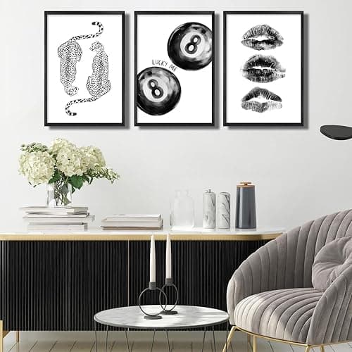 3Pcs Unframed Black White Funky Cheetah Wall Art Trendy Lucky 8 Ball Kiss Lips Painting Retro Y2K Aesthetic Canvas Poster Prints for Girls Bedroom Apartment Dorm Decorations(12x16in Poster) thumbnail 5