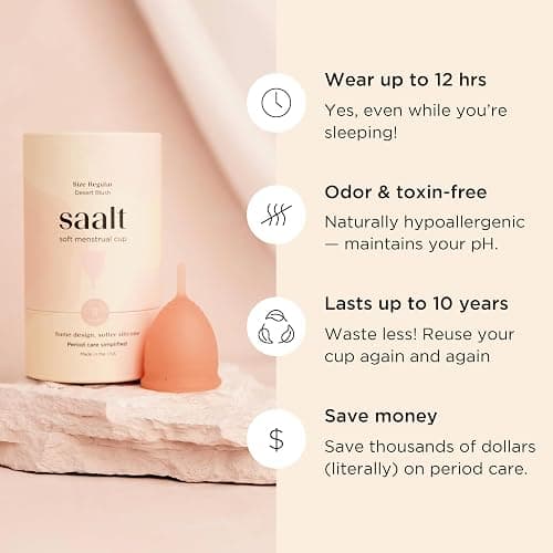 Saalt Soft Menstrual Cup – Reusable Period Cup – Made for Comfortable, Leak-Free Protection Up to 12 Hours – BPA & Latex Free – Includes Cup & Carry Bag (Regular, Desert Blush) thumbnail 4