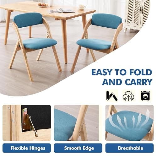 YUUIJOAA 4-Pack Folding Chairs with Cushion, Linen Padded Foldable Dining Chairs, Portable Raw Wooden Folding Chairs for Dining Rooms Parties Offices Indoor Outdoor Blue thumbnail 7