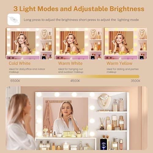 FIONESO Vanity Desk with Mirror and Lights, Makeup Vanity with Glass Top, 3 Colors LED Lights & Power Outlet, White Vanity with 5 RGB Drawers, Adjustable Lighted Vanity for Girls, Bedroom thumbnail 6
