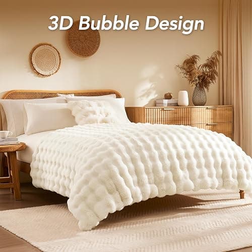 L'AGRATY Faux Rabbit Fur Blanket: 130x160cm Luxury Soft Fluffy Thick Fur Throw Blanket for Couch Bed Sofa - Cozy Plush Bubble Blankets with Warm Flannel Fleece(Single,Cream White) thumbnail 7