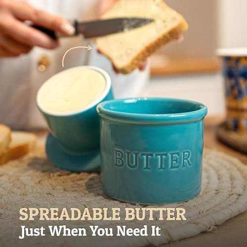 PriorityChef Butter Crock with Lid with Water Line, Ceramic French Butter Dish to Leave On Counter, Turquoise thumbnail 2