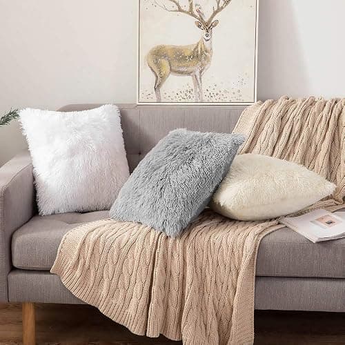 ANRODUO Pack of 2 White Throw Pillow Covers Luxury Fluffy Pillows Faux Fur Decorative Pillows Plush Cushion Case Fuzzy Mongolian Merin Style for Bed Couch Sofa Living Room Fall Home Decor 18x18 Inch - 18" x 18" (Pack of 2) - White thumbnail 3