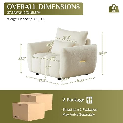 Wrofly Boucle Cloud Single Sofa Chair, Deep Seat with Pillow, Beige White | Deep-seat boucle chair with pillow, metal trim, sturdy frame (250lb), easy assembly. Great for living room thumbnail 2