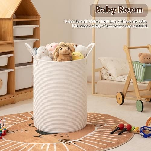 OIAHOMY Large Laundry Basket Hamper - 60L Cotton Rope Woven Basket for Blankets, Toys, Clothes - Tall Decorative Nursery Hamper with Long Handles, White thumbnail 3
