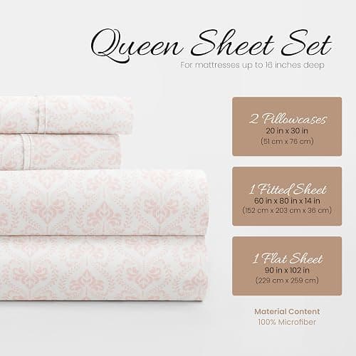Linen Market Patterned Microfiber Queen Sheet Set 4 Piece – Oeko-TEX Certified Ultra Soft & Wrinkle-Free - 16" Deep Pocket Sheets - Easy Care Queen Size - Classic in Pink thumbnail 2