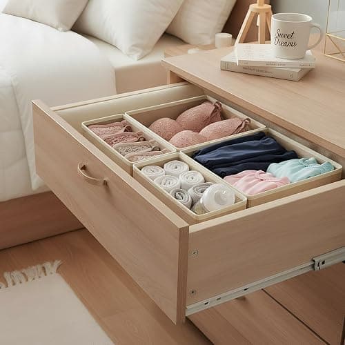 ALFSPEJO Drawer Organizer Set 6 Pack - Foldable Fabric Storage Bins with Zipper Bottom for Underwear Socks Bras Baby Clothes - Closet Dresser Organizers Dividers for Bedroom Nursery, Beige thumbnail 4
