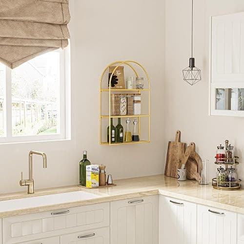 Crofy 3-Tier Arched Wall Shelf with Gold Frame & Transparent Shelves | Sturdy Tempered Clear Glass Shelves with Ample Storage Space; Decor for Living Room, Bath, Kitchen, Vanity & Home Office thumbnail 4