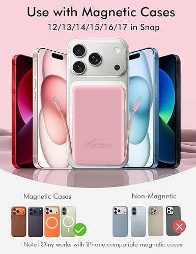 podoru for Magsafe Battery Pack, 10000mAh Magnetic Power Bank Built-in Double USB C Cables 20W PD Fast Charging LED Display Wireless Portable Charger for iPhone 17/16/15/14/13/12 Series-Pink thumbnail 6