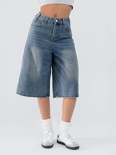 EMMIOL Machine Wash Y2K Jorts Women Wide Leg Baggy Long Jean Shorts Loose Fit Grunge Bermuda Denim Shorts thumbnail 5