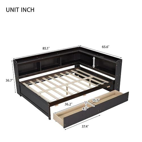 SEHAONOHOME Full Size Wood Daybed with Two Drawers and Storage Bookcases, Multifunctional Sofa Bed with Power Outlets and USB Charging Ports, Espresso - Espresso With Drawer - Full thumbnail 3