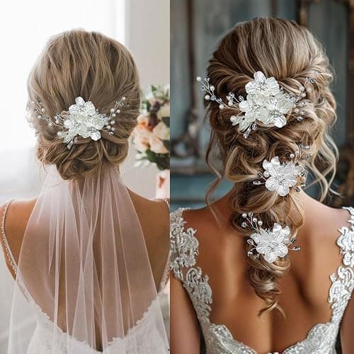 3 PCS Large Flower Bridal Wedding Hair Pins Crystal Pearl Hair Clips Headpiece Bride Hair Accessories Jewelry with Rhinestone, Glitter Emboss White Flower thumbnail 5
