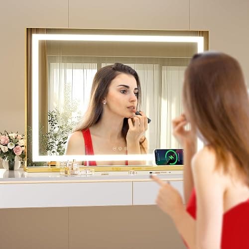 Hasipu Vanity Mirror with Lights, 32" x 20" LED Makeup Mirror, Lighted Makeup Mirror with Dimmable 3 Modes, Touch Screen Control Vanity Mirror Square Gold thumbnail 5