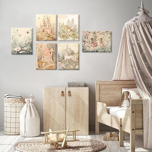 Vintage Fairy Nursery Wall Art Baby Girl Room Canvas Wall Decor Magic Forest Poster Fantasy Fairytale Prints Nursery Antique Magical Picture Flower Painting for Bedroom 8x10 Inch Ready to Hang 6Pcs thumbnail 7