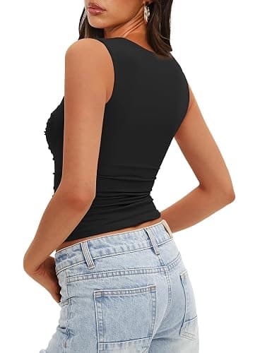 Darong Women's Padded Ruched Tank Tops Built in Bra Summer Double Lined Sleeveless Going Out Crop Tops Shirts thumbnail 2