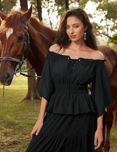 Scarlet Darkness Women Renaissance Shirt Off Shoulder Bell Sleeve Tops | Smocked Waist, Comfortable Chiffon, Elastic Neckline, for Ren Faire, Peasant, Pirate, Halloween Costume thumbnail 7