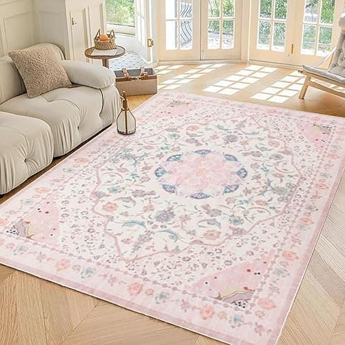auruge Area Rug - Vintage 5x7 Non-Slip Backing Area Rugs Light Pink Soft Faux Wool Carpet Foldable & Machine Washable Rugs for Living Room Bedroom Dining Room Nursery Home Office - 5'x7' - Pink - Image 1