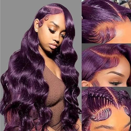 Dark Burgundy 13x4 Body Wave Lace Front Wig Human Hair 180% Density Deep Smokey Purple Body Wave Wigs for Women HD Transparent Lace Front Wigs Glueless Human Hair Pre Plucked with Baby Hair 20 inch - Image 1