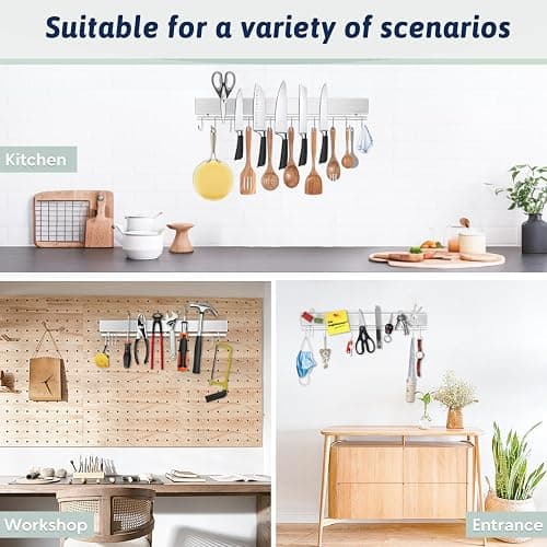 17" Magnetic Knife Holder for Wall, Stainless Steel Knife Magnetic Strip | No Drill with 10 Hooks/Adhesive Tape/Screws, Kitchen Utensil Holder, Magnetic Knife Organizer, Wall Mounted Knife Storage thumbnail 6