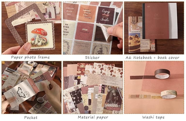 Draupnir Vintage Scrapbook Kit(346pcs), Bullet Junk Journal Kit with Journaling/Scrapbooking Supplies, Stationery, A6 Grid Notebook with Graph Ruled Pages, DIY Gift for Teen Girl Kid Women - Vintage thumbnail 5