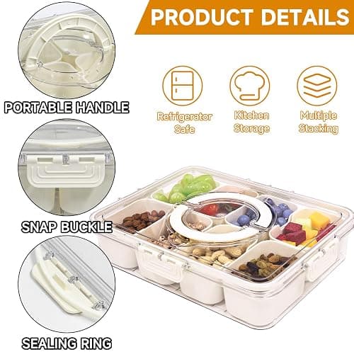 Yuroochii Snackle Box Container, Portable Snack Box 8 Compartment Divided Serving Tray with Lid & Handle, Clear Snack Charcuterie Platter for Travel Candy Party Fruit Salad (White) thumbnail 5