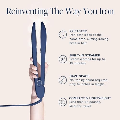 Nori Press Travel Steam Iron - Handheld Iron With Optional Steam Feature - No Ironing Board Required - Easy to Use w/ 6 Fabric Settings - Removes Wrinkles - User Manual Included - Navy thumbnail 3