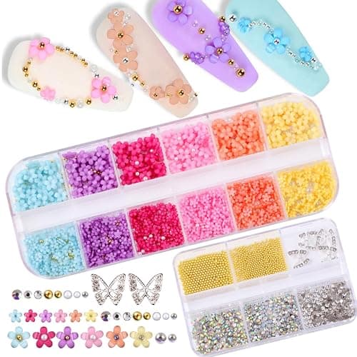 GZMAYUEN 3D Blume Nagel Charms Metall Kaviar Perlen, 3D Pastell Acryl Blume für Nägel Design, Gold Kaviar Perlen Nagel Dekorationen Gemischte Strass Kit, Kristall AB Edelsteine Nagel Diamanten Strass thumbnail 8
