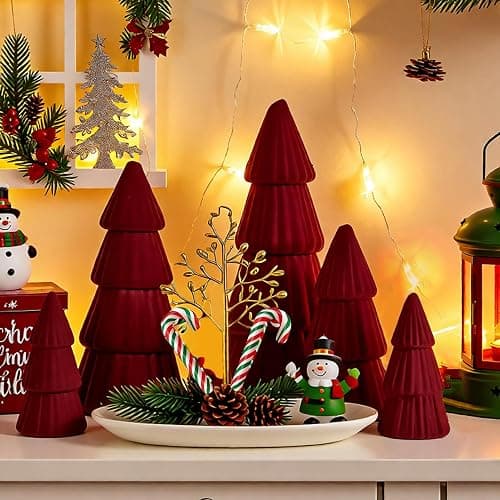 Red Christmas Decorations Indoor- Set of 5 Velvet Red Christmas Trees - Tabletop Christmas Decor Xmas Table Decorations for Mantel Home Decor thumbnail 4