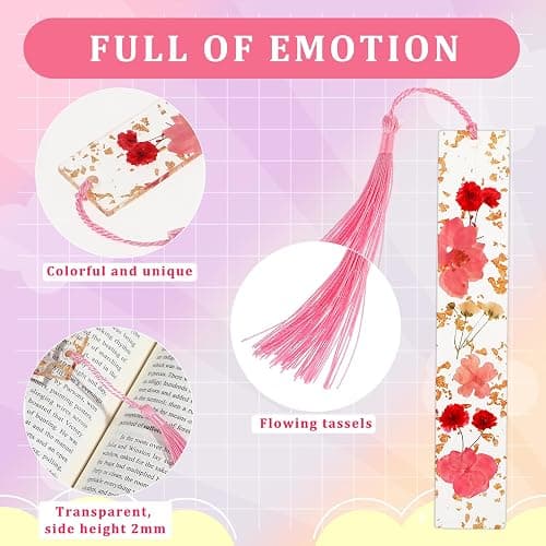 WY LIGHTING LEVEL marque-pages en résine rose avec pompon de fleurs pressées - Accessoires de lecture durables et faits main pour les lecteurs passionnés, les étudiants, femmes thumbnail 4