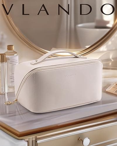 Vlando Large Capacity Travel Makeup Bag - Makeup Bag Travel Toiletry Bag for Women, PU Leather Waterproof Cosmetic Bag, Beige thumbnail 8