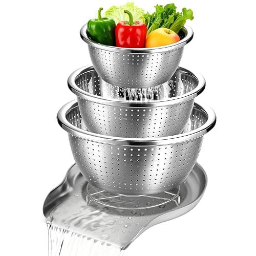 Palksky Stainless Steel Colander Set with Self-Draining Base, 3 Sizes Colanders & Food Strainers for Pasta, Rice, Fruits & Veggies, Metal Colander with Draining Plate for Sink or Countertop - Image 1